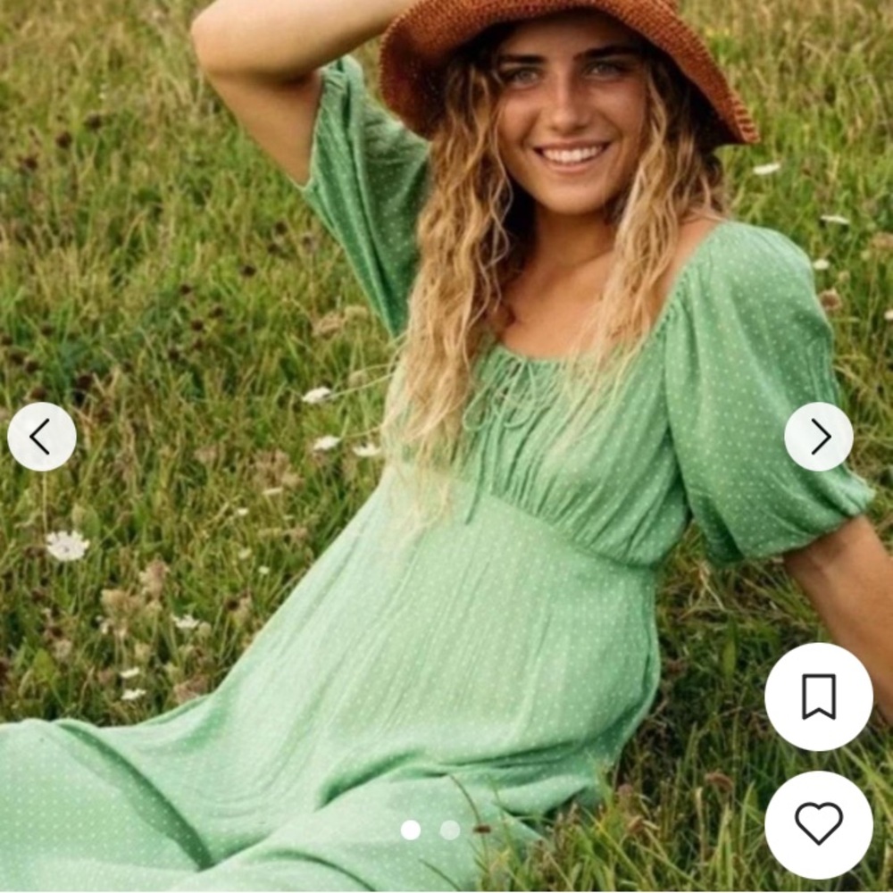 Billabong women’s Green Puff-Sleeve poca dot Midi Dress size s new